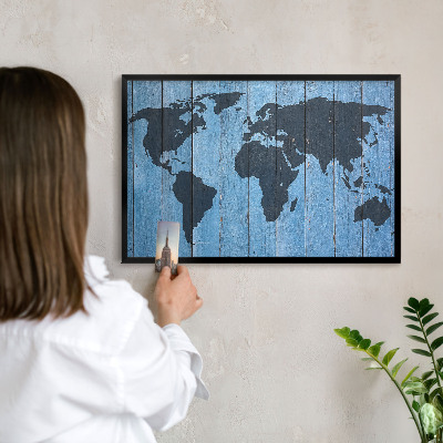 Metal wall board for magnets in a black frame World map