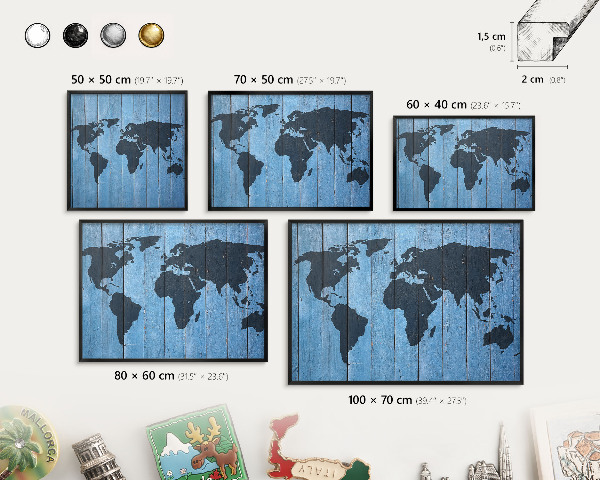 Metal wall board for magnets in a black frame World map