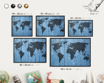 Metal wall board for magnets in a black frame World map