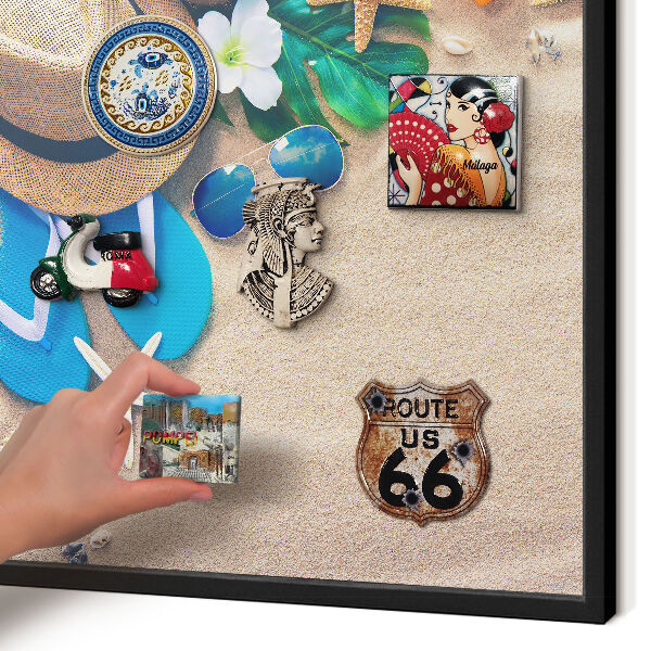 Metal wall board for magnets in a black frame Summer relaxation
