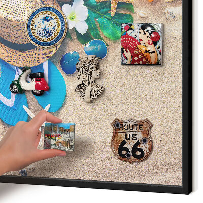 Metal wall board for magnets in a black frame Summer relaxation