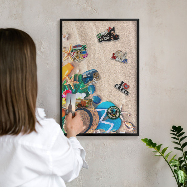 Metal wall board for magnets in a black frame Summer relaxation