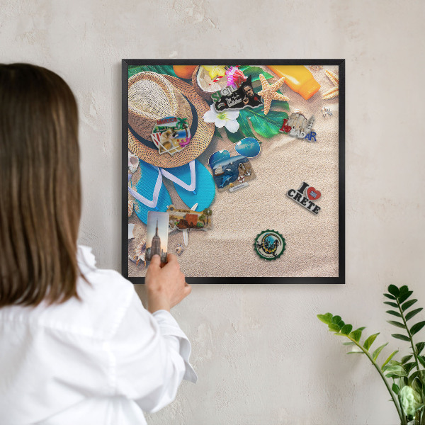 Metal wall board for magnets in a black frame Summer relaxation