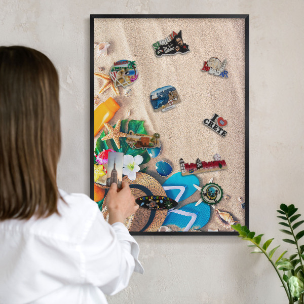 Metal wall board for magnets in a black frame Summer relaxation