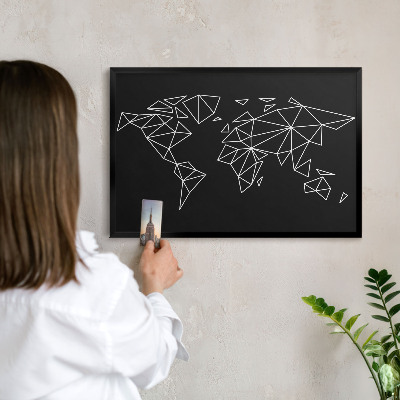 Metal wall board for magnets in a black frame World map