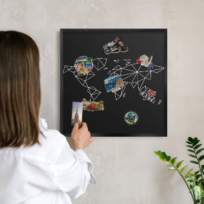 Metal wall board for magnets in a black frame World map