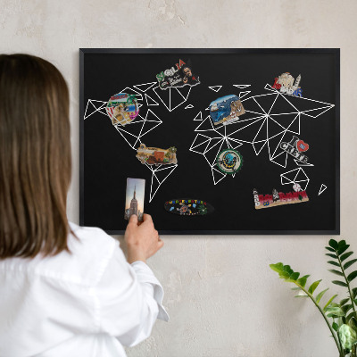 Metal wall board for magnets in a black frame World map