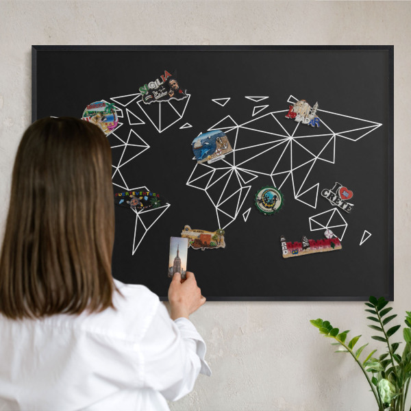 Metal wall board for magnets in a black frame World map
