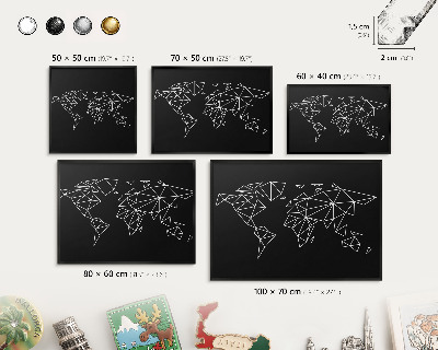 Metal wall board for magnets in a black frame World map
