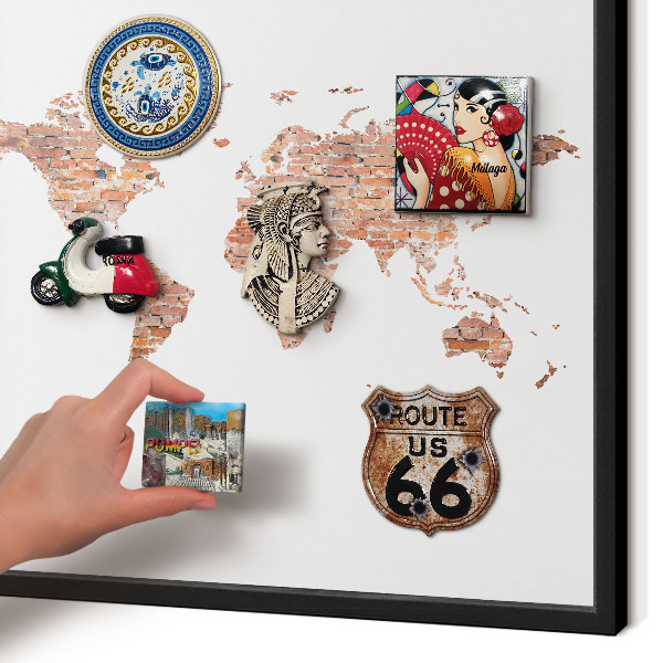 Vacation magnet board with a black frame Brick map
