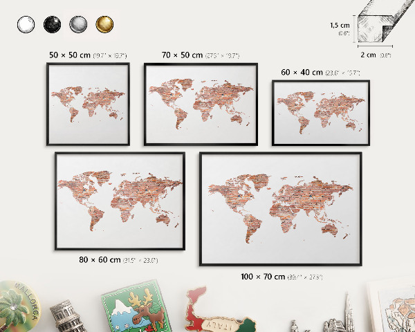 Vacation magnet board with a black frame Brick map