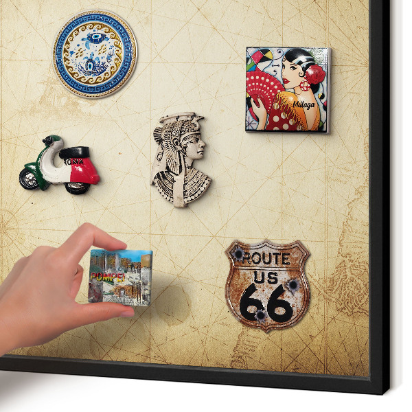 Metal wall board for magnets in a black frame Ancient map