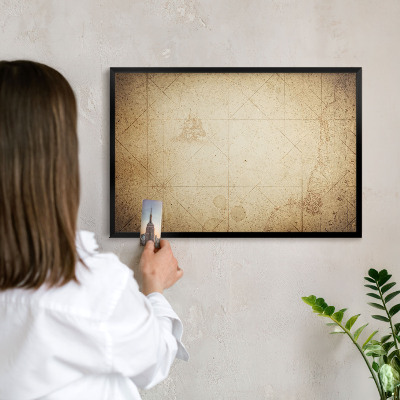 Metal wall board for magnets in a black frame Ancient map