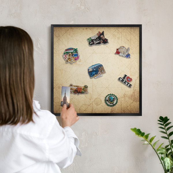 Metal wall board for magnets in a black frame Ancient map