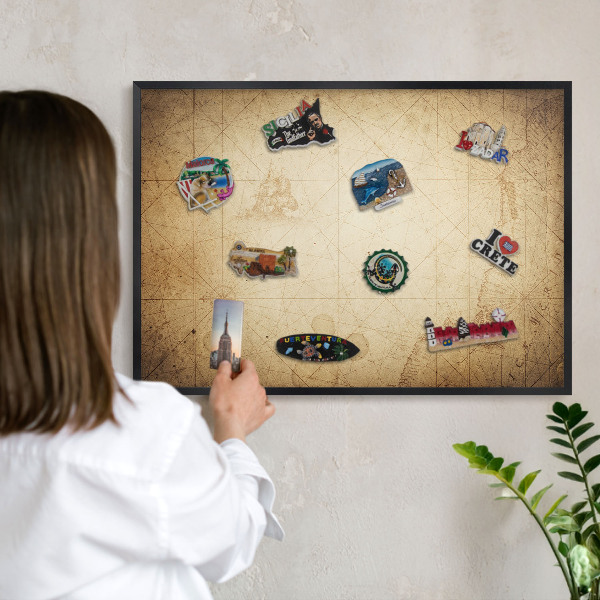 Metal wall board for magnets in a black frame Ancient map