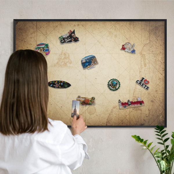 Metal wall board for magnets in a black frame Ancient map