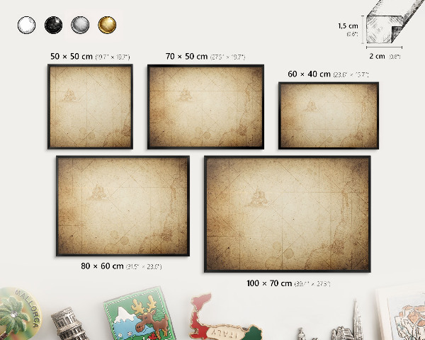 Metal wall board for magnets in a black frame Ancient map