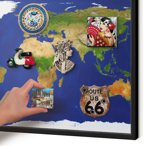 Vacation magnet board with a black frame Mapping the globe