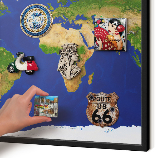 Vacation magnet board with a black frame Mapping the globe