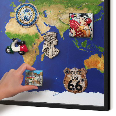 Vacation magnet board with a black frame Mapping the globe