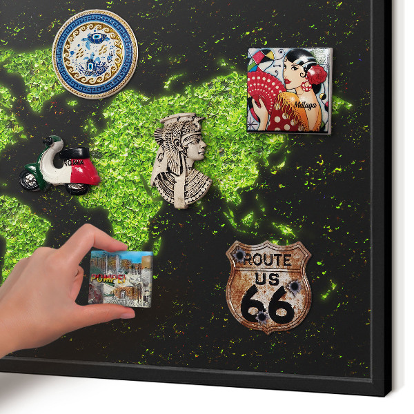 Metal wall board for magnets in a black frame Green map
