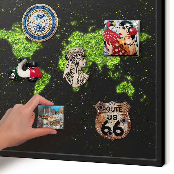 Metal wall board for magnets in a black frame Green map