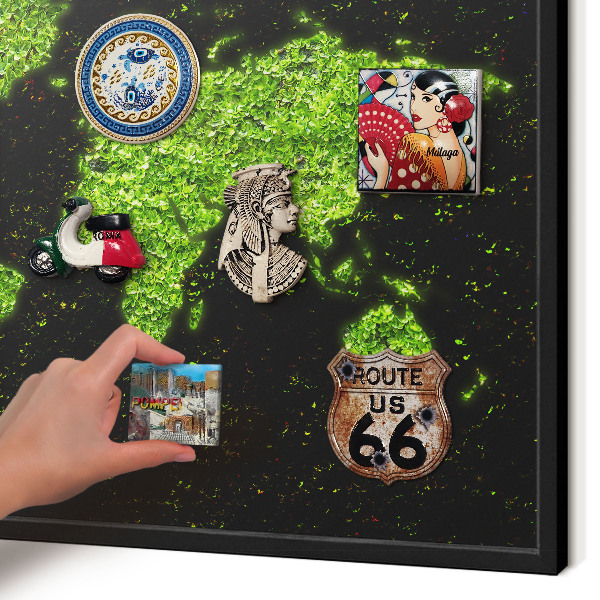 Metal wall board for magnets in a black frame Green map