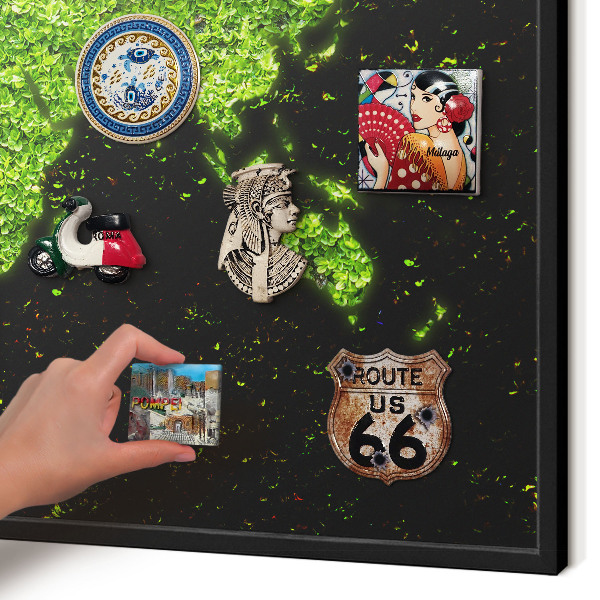 Metal wall board for magnets in a black frame Green map