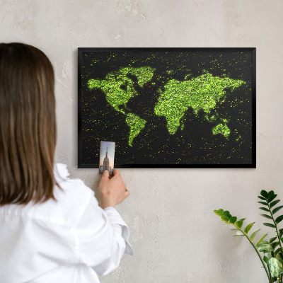 Metal wall board for magnets in a black frame Green map