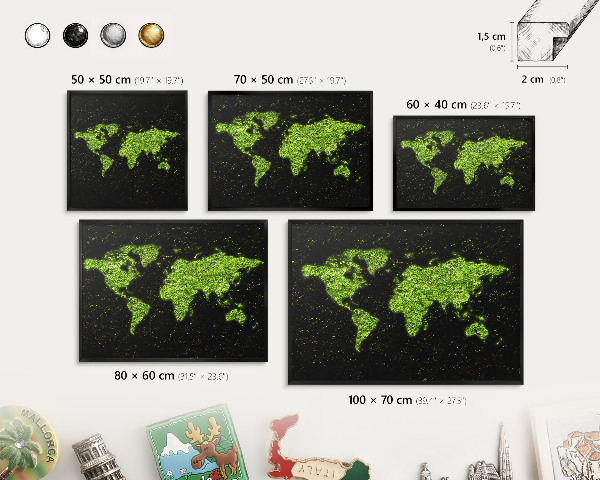 Metal wall board for magnets in a black frame Green map