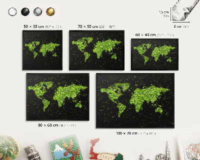 Metal wall board for magnets in a black frame Green map