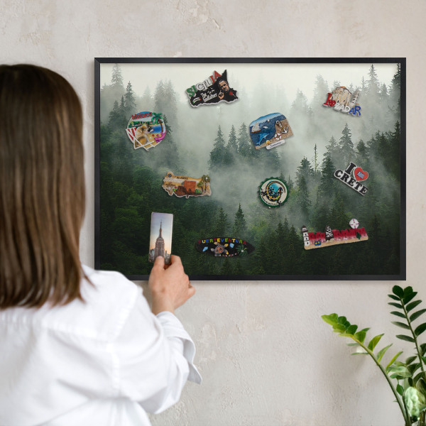 Metal wall board for magnets in a black frame Forest magic