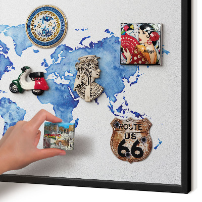 Metal wall board for magnets in a black frame Watercolor map