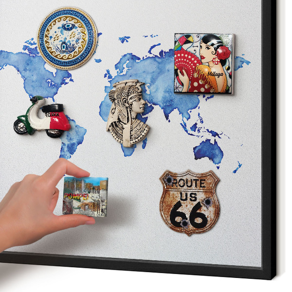 Metal wall board for magnets in a black frame Watercolor map