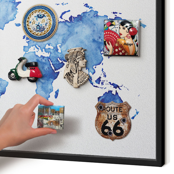 Metal wall board for magnets in a black frame Watercolor map