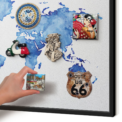 Metal wall board for magnets in a black frame Watercolor map