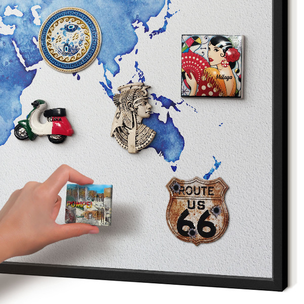 Metal wall board for magnets in a black frame Watercolor map
