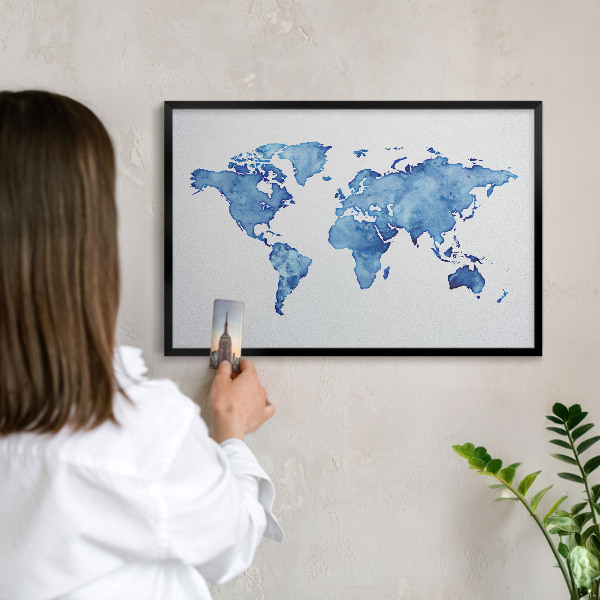 Metal wall board for magnets in a black frame Watercolor map