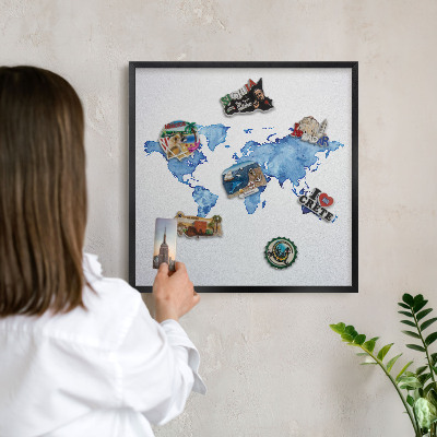 Metal wall board for magnets in a black frame Watercolor map
