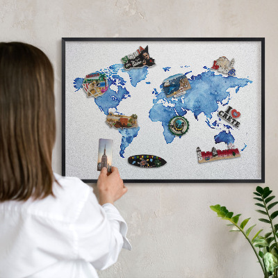 Metal wall board for magnets in a black frame Watercolor map