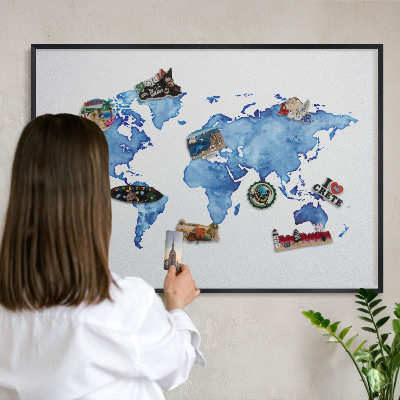 Metal wall board for magnets in a black frame Watercolor map