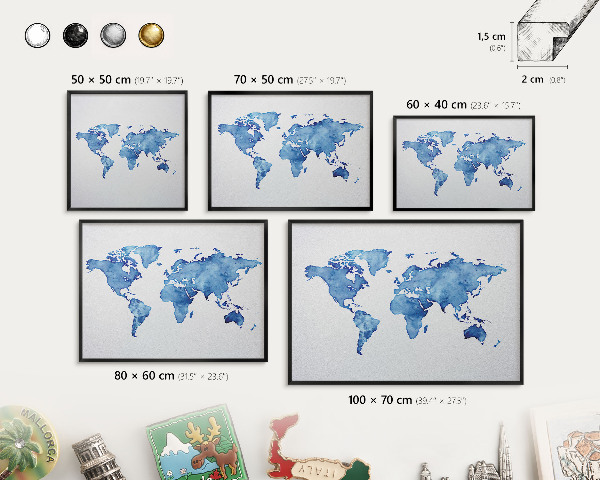 Metal wall board for magnets in a black frame Watercolor map