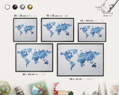 Metal wall board for magnets in a black frame Watercolor map