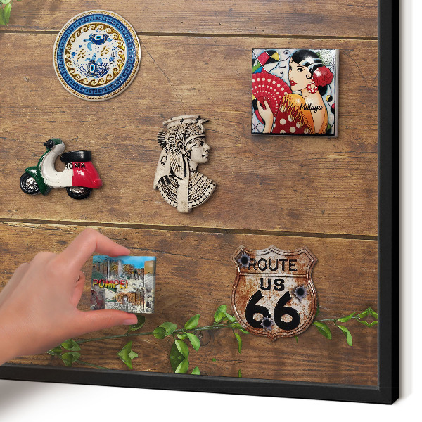 Vacation magnet board with a black frame Wood nature
