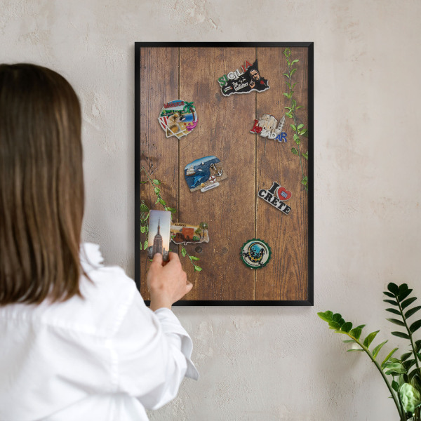 Vacation magnet board with a black frame Wood nature