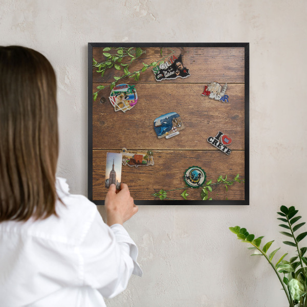 Vacation magnet board with a black frame Wood nature