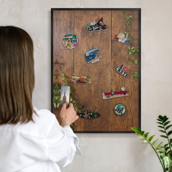 Vacation magnet board with a black frame Wood nature