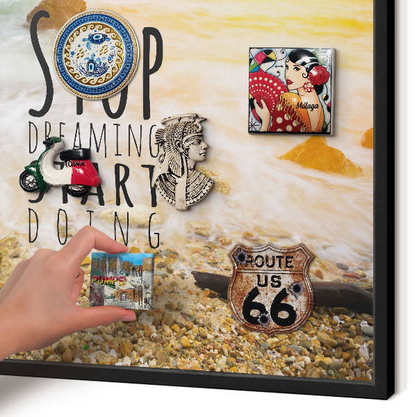 Metal wall board for magnets in a black frame Coast theme