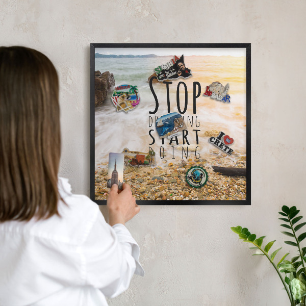 Metal wall board for magnets in a black frame Coast theme