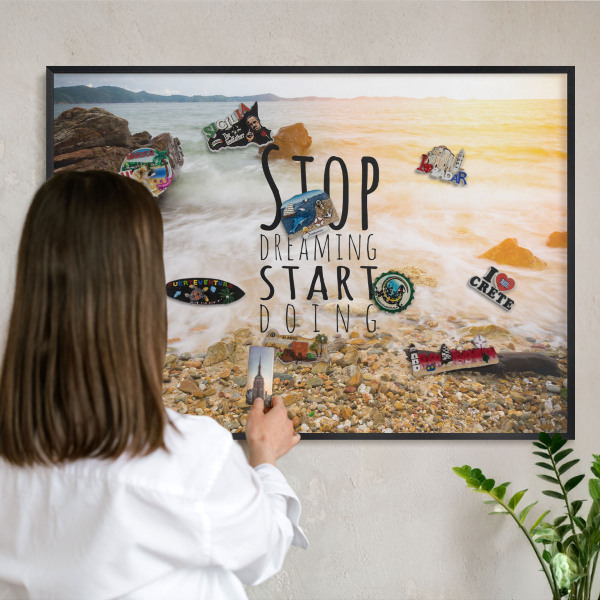 Metal wall board for magnets in a black frame Coast theme